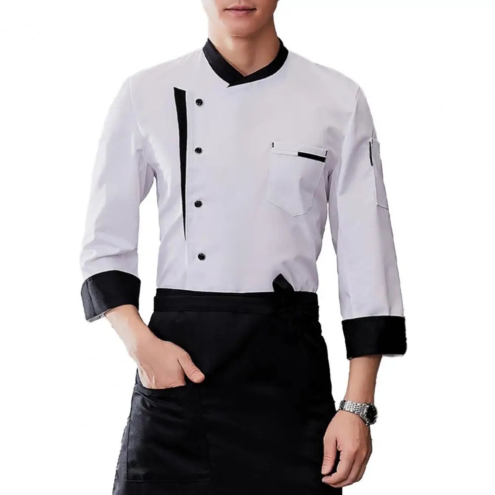 Chef Coat with Black Collar Chef Uniform Apron Set Stand Collar Short Sleeve Tops Wrinkle-resistant Cooking Wear