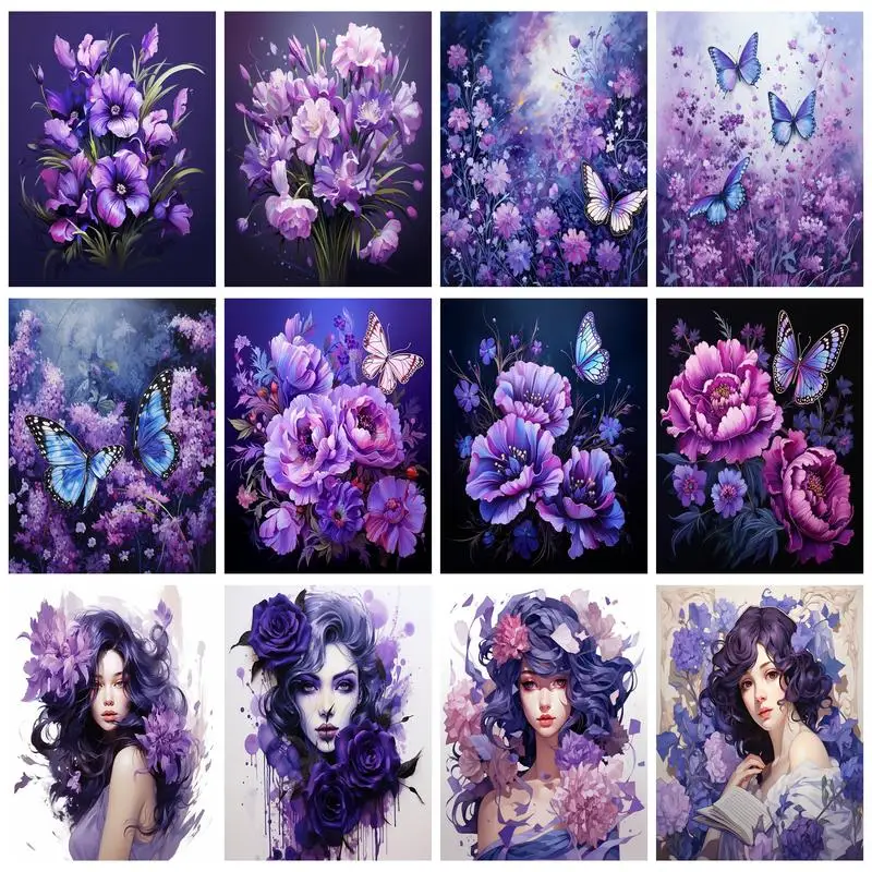 RUOPOTY Painting By Numbers Purple Flower Butterfly By Number Kits Oil Pain Digital Painting Oil Picture Drawing Coloring Home D