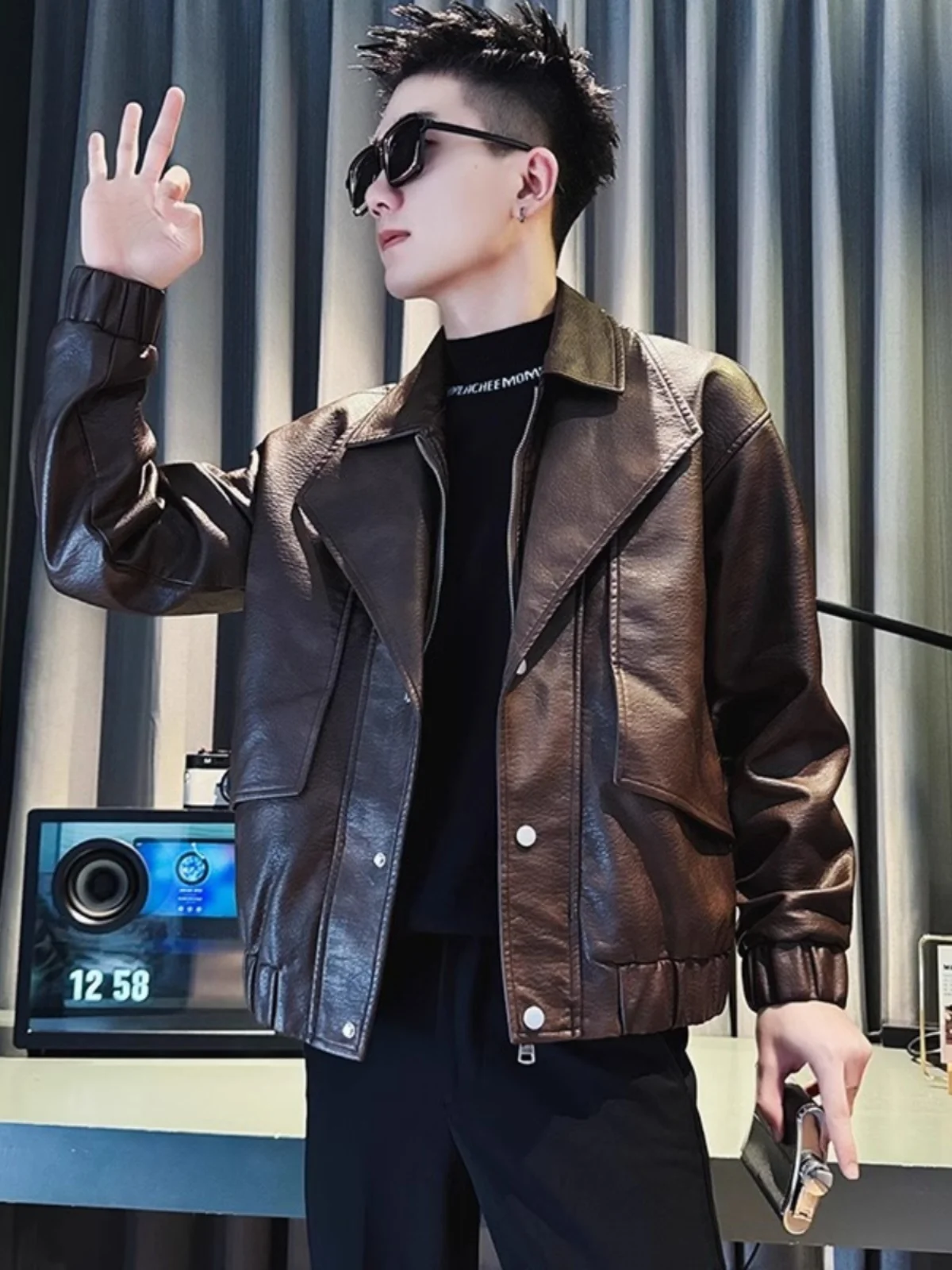 

Мужская кожаная куртка Sli, осенняя коллекция 2025, новая модная модель, с высоким воротником, в байкерском стиле, прямого кроя, с длинными рукавами