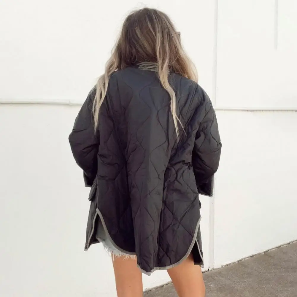 Women Winter Coat Zipper Stand Collar Thick Striped Texture Dispel Cold Cardigan Casual Neck Spring Coat For Work Mid Length