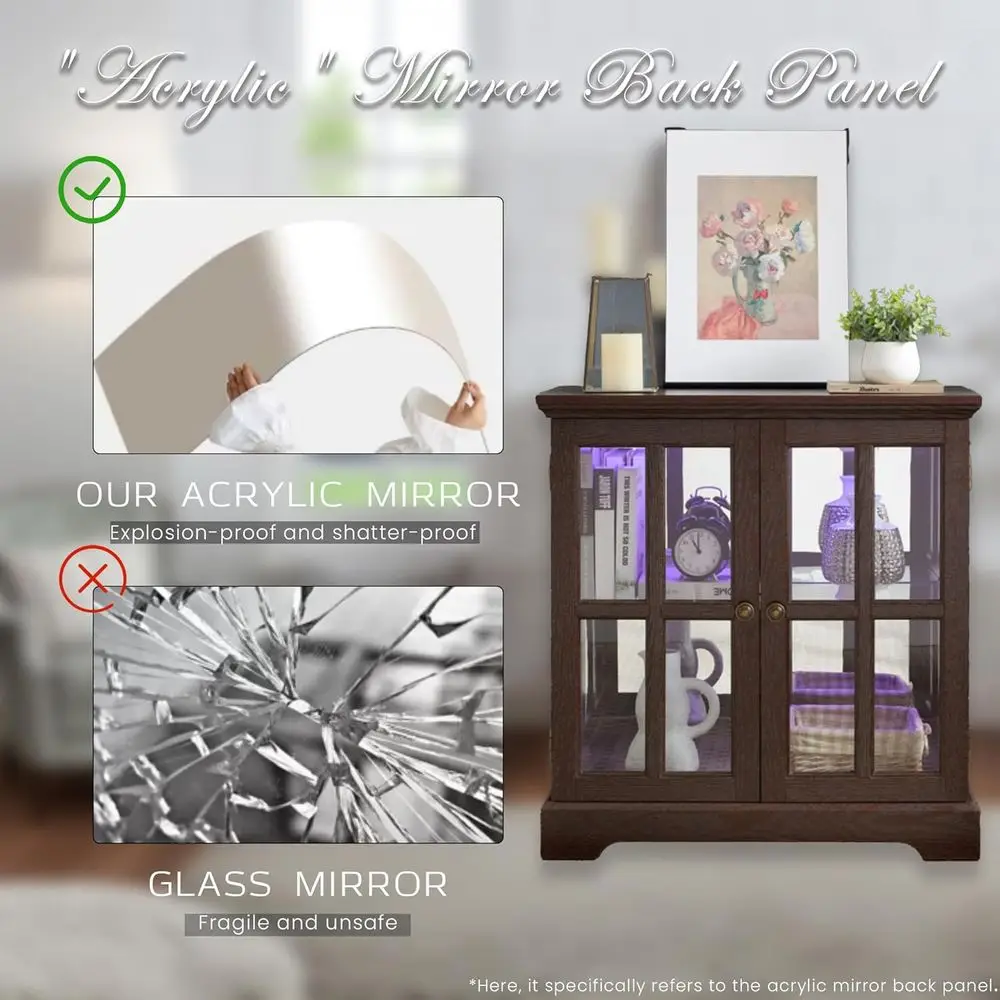 32 High LED-Lit Curio Cabinet with 7 Color Options, Tempered Glass Display for Collectibles, Vintage-Inspired Showcase in Cherry view 6
