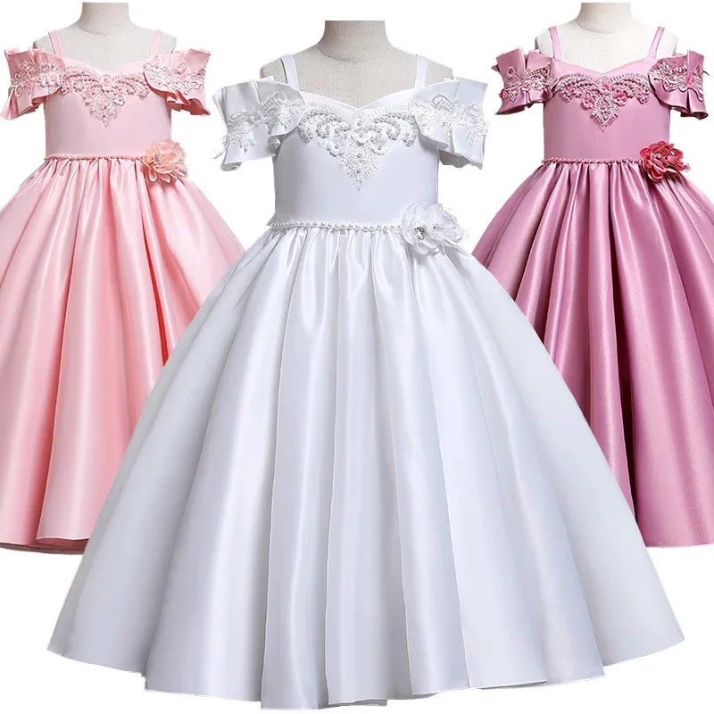 

3-12Years Young Girl Shoulderless Sling Embroidered Flower Elegant Dresses Luxury Children Wedding Bridesmaid Ceremony Dress