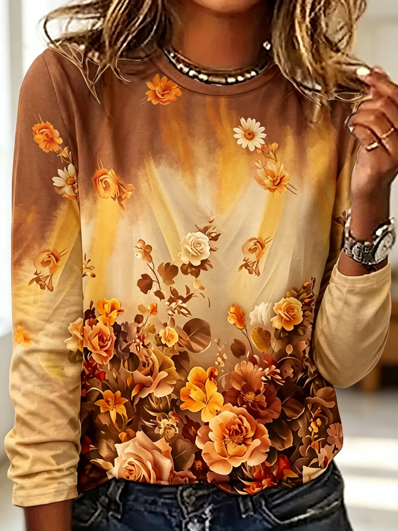 

Women's Long Sleeve Crew Neck Retro Autumn Floral Print Casual T-Shirt, Regular Tops for Spring Summer Daily Weekend Wear