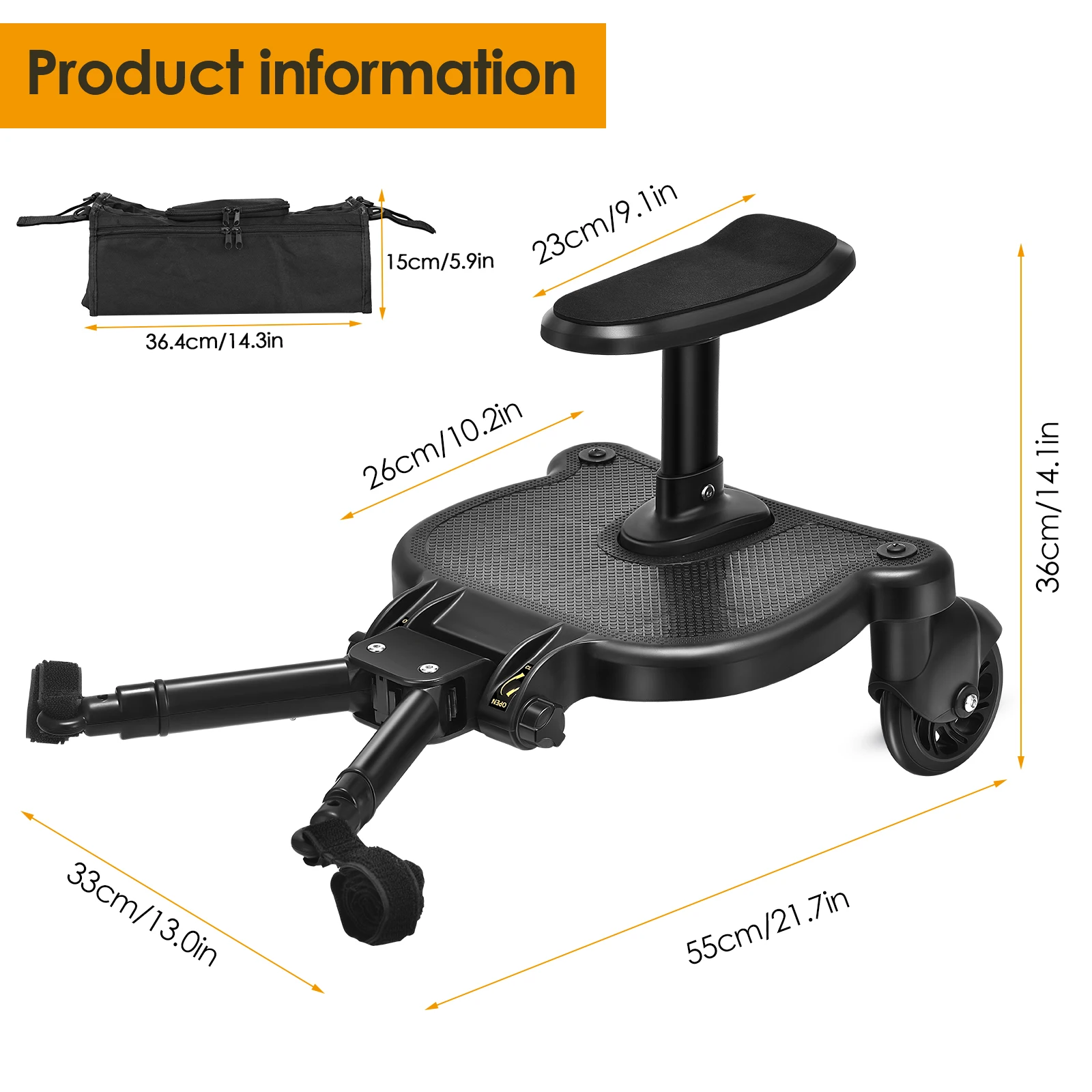 Universal Strollers Step Board Adapter, segunda criança Jogger, Footborad com assento, gêmeos Scooter, Baby Pram, para-choques Hitchhiker, 2 em 1