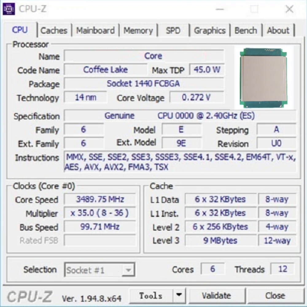 Prosesor danau kopi 8TH QNCT 0000 ES CPU modifikasi 2.4GHz 6C12T 45W lums gemuk termal BGA ke LGA 1151