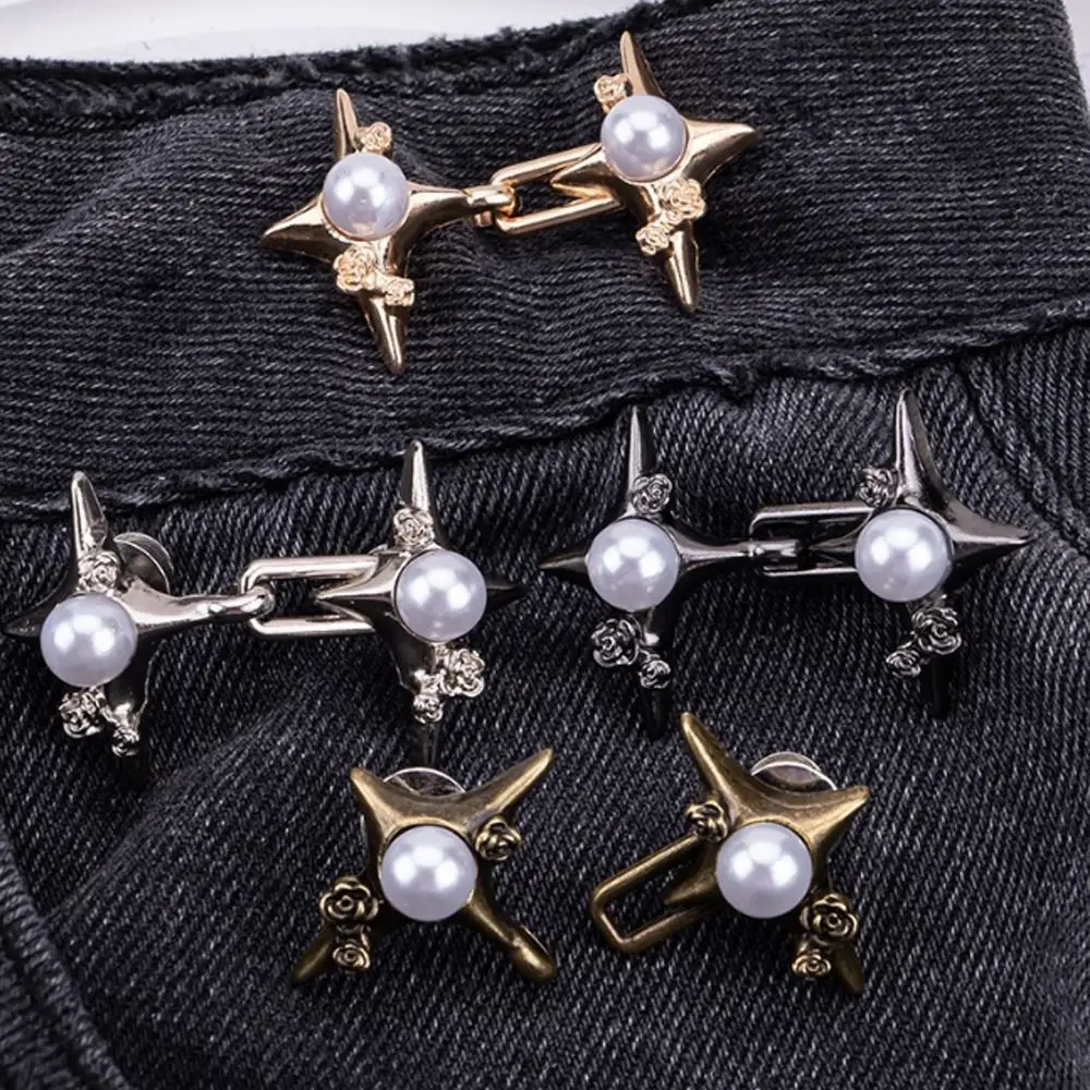 Adjustable Waist Jeans Waist Tightener Four-Point Star No-Sew Waist Adjustment Pin Imitation Pearl Waist Buckle