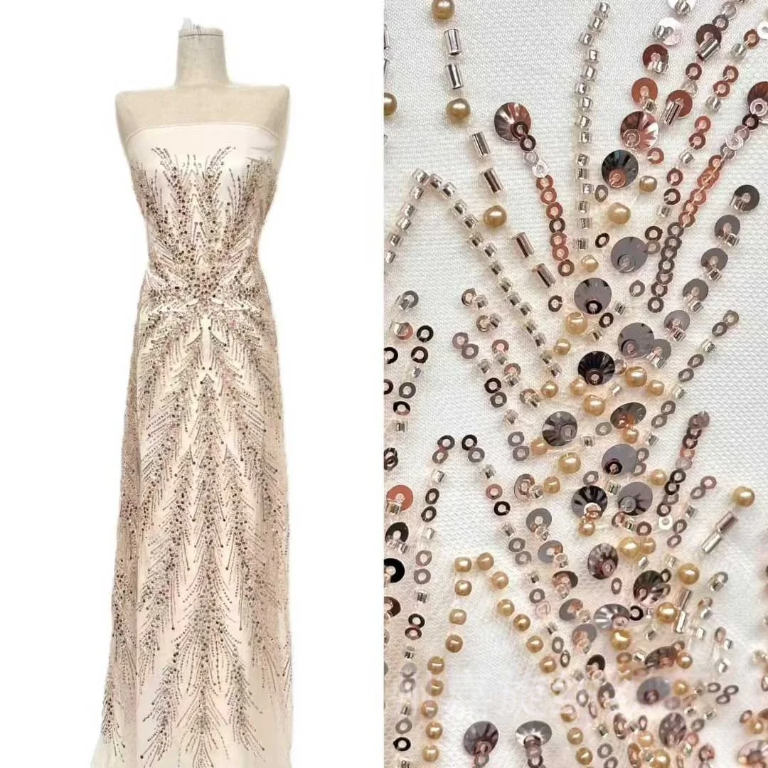 

5 Colors Embroidered Modeling Sequin With Pearls Fabric For Evening Dress Lace Glued Glitter Dry Mesh Wet Look Shiny Material