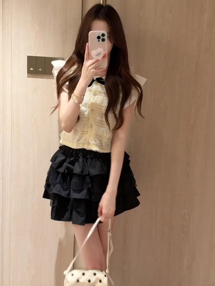 

Летний комплект: блузка с рукавами-крылышками и юбка с высокой талией, женский модный ансамбль с кружевными вставками и рукавами-крылышками