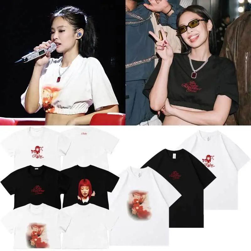 تي شيرت Jennie Concert Experience بأكمام قصيرة من القطن برقبة دائرية وطباعة كاجوال مريح للربيع والصيف #1