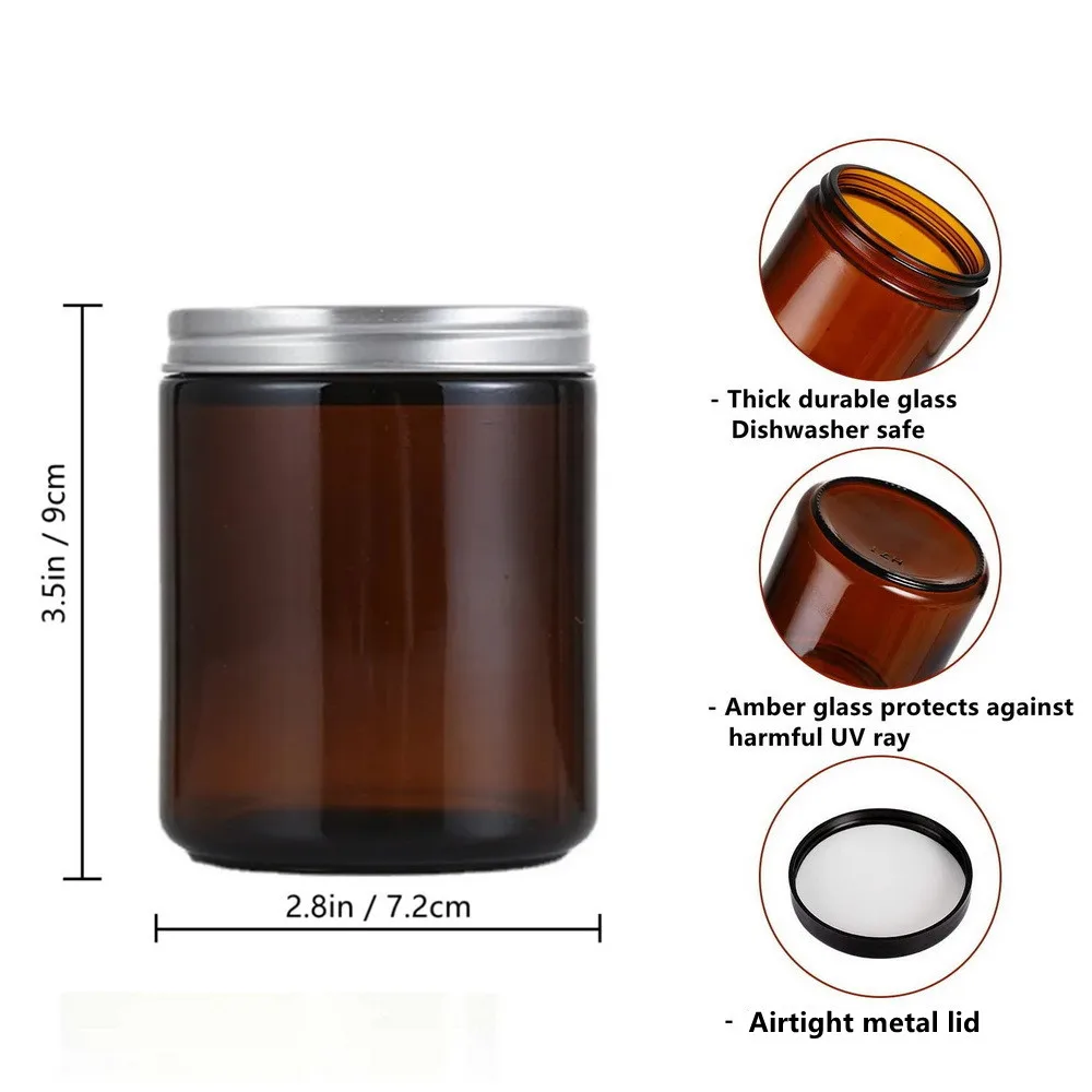 2pcs 8 Oz Empty Candle Jar Round Amber Glass Containers With Metal Lid for Making Salve Scrubs Cream Storage Cosmetic Pot 250ml