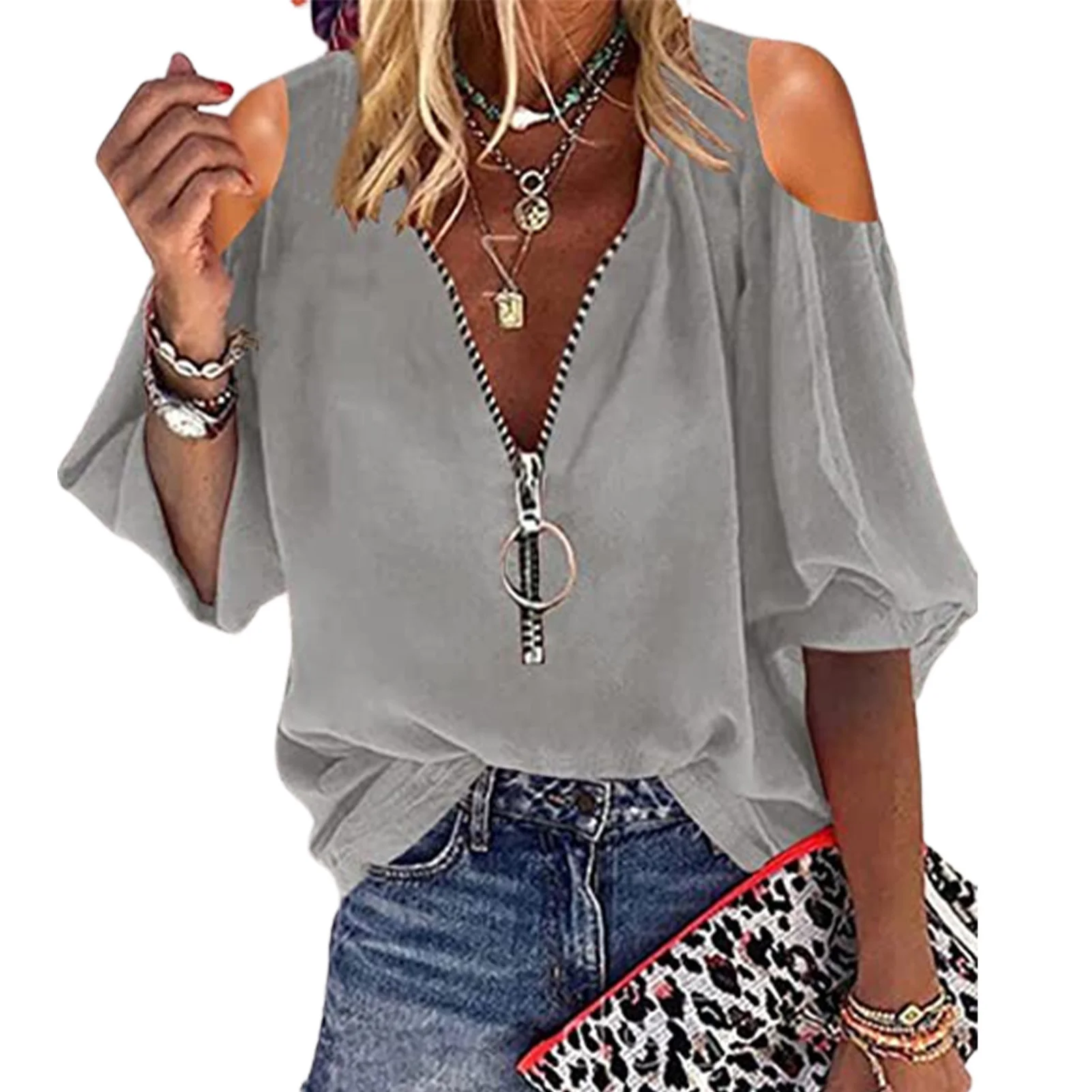 Women's Ultra-thin Shirt Blouse V-neck Front Zipper Puff Sleeve Shirts for Shopping Dating Outing