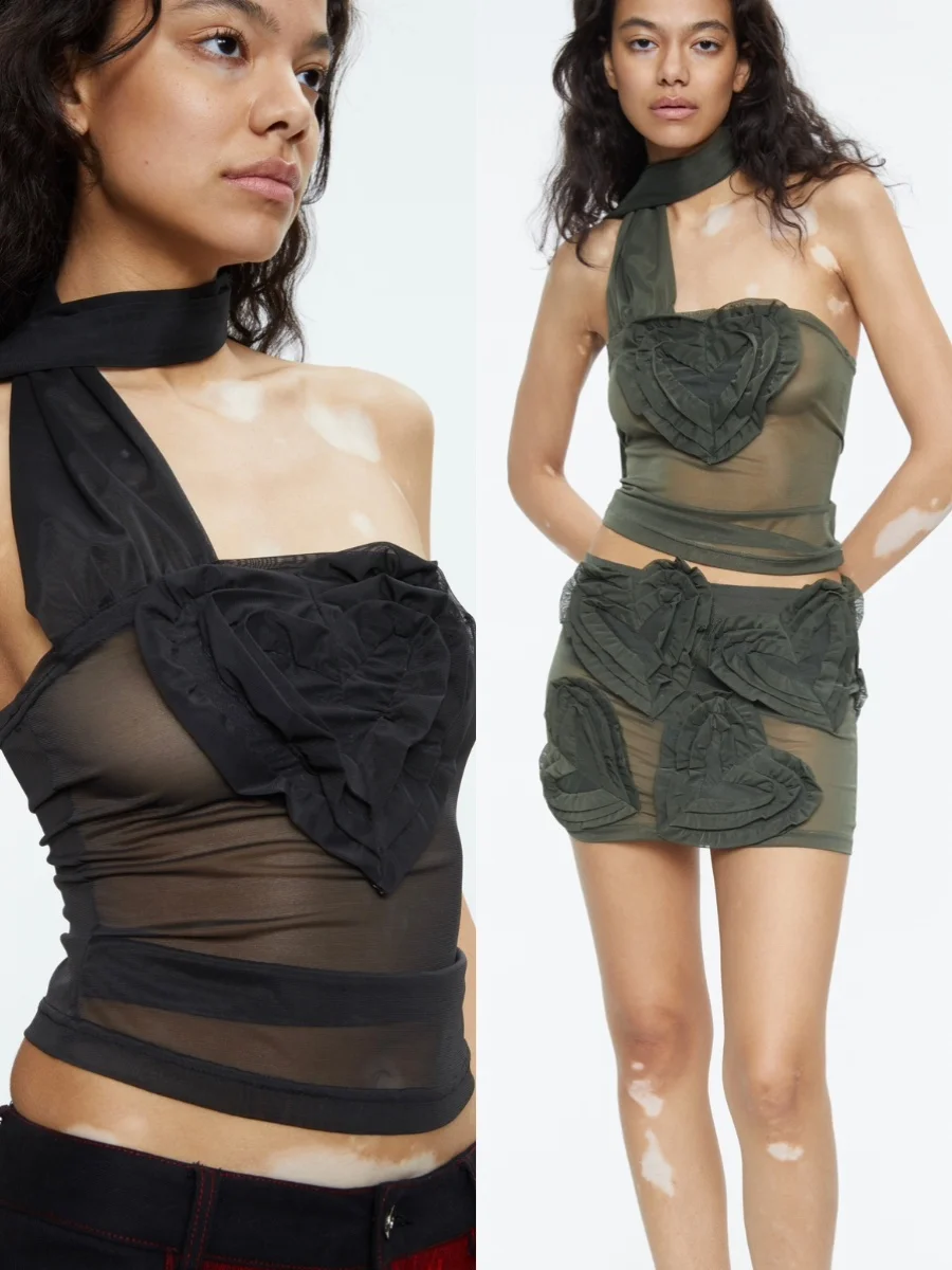 

Scarlet Sage 3D Heart Design Strapl Me Trim Crop Top Slim Fit Bla een Original Design Summer Collection