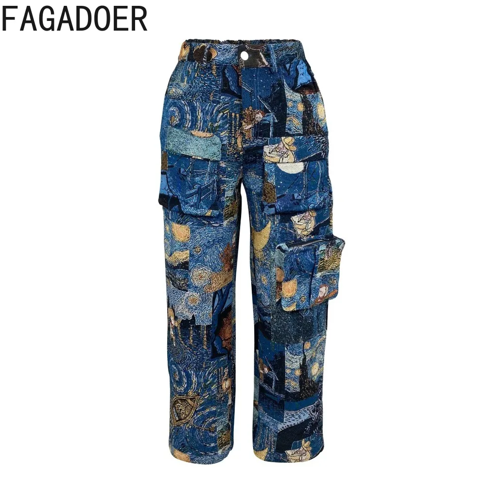 FAGADOER Fashion Retro Tie Dye Printing Pocket Cargo Pants Women High Waisted Button Straight Trousers Female Bottoms Streetwear