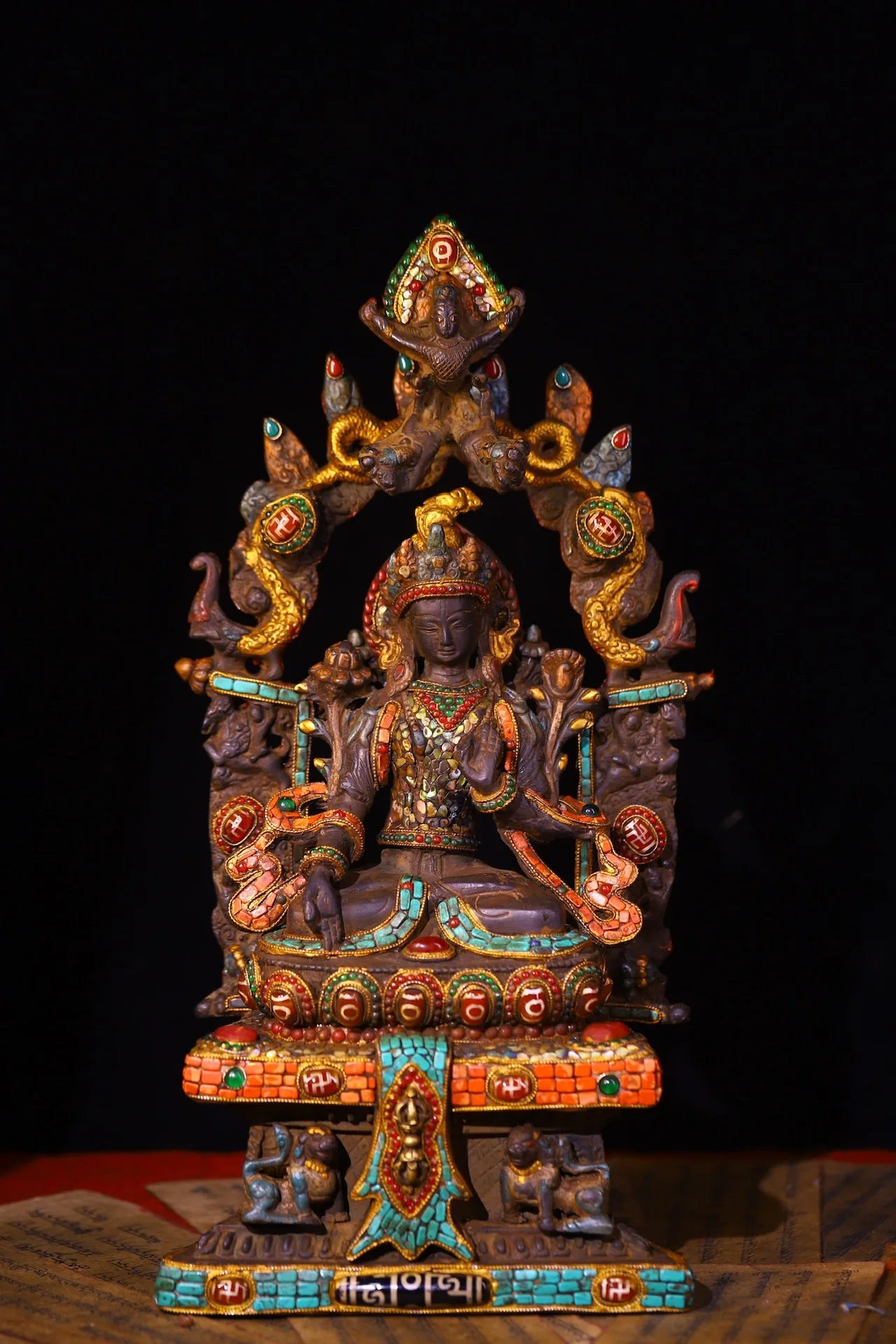 16"Tibetan Temple Collection Old Bronze Painted Mosaic Gem gZi Beads Shell White  Tara Buddhist Niche Backlight Worship Hall