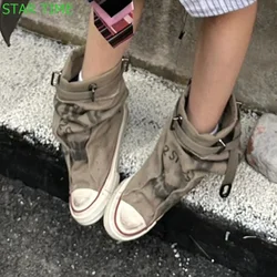 Denim Round Toe Casual Ankle Boots  Khaki Fashion Women Short Boots 2024 Spring Belt Buckle Street Style Sports Shoes