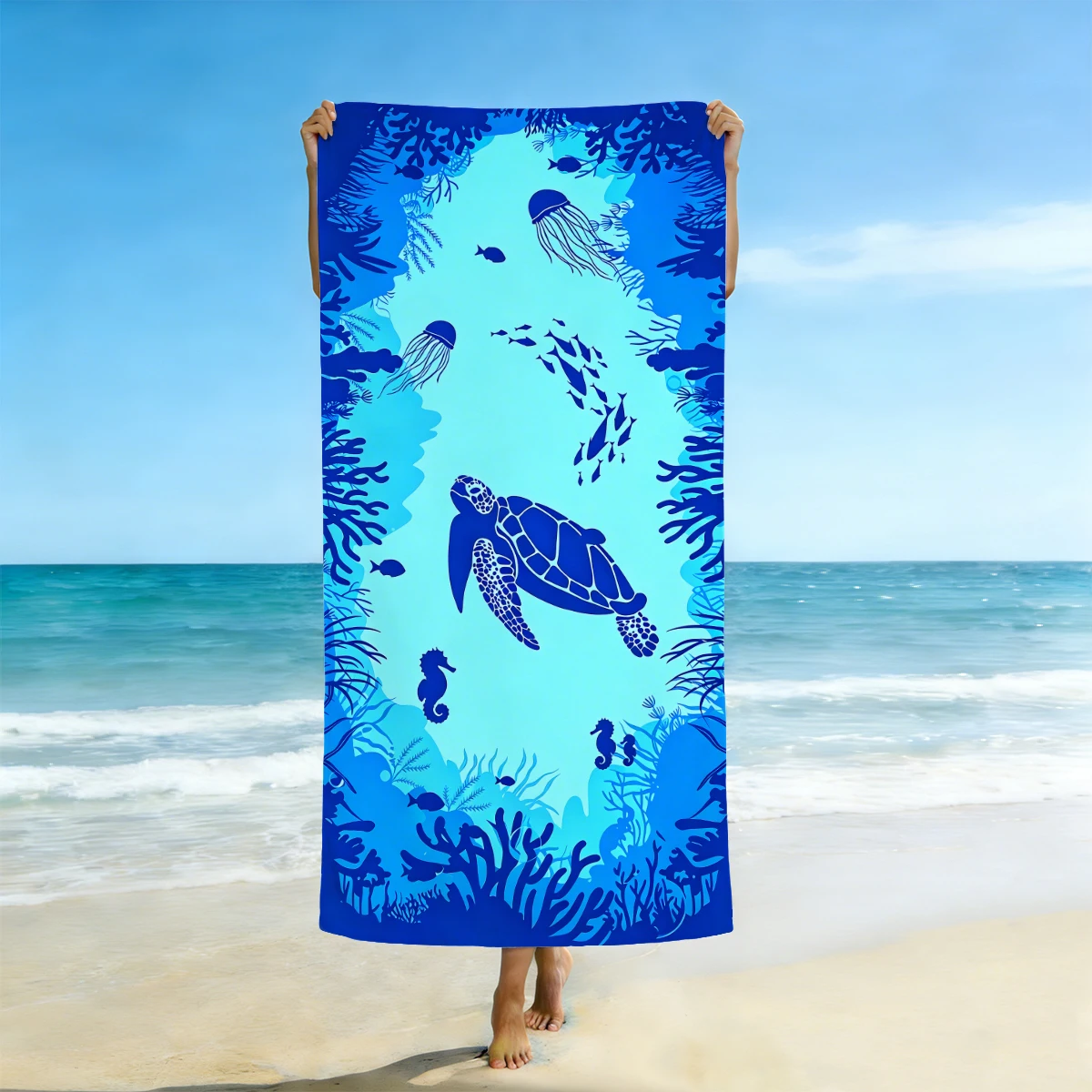 1pc Blue Underwater World Beach Towel, Ultra fine Fiber Absorbent, Quick drying Sand proof Beach Blanket, Essential for Summer