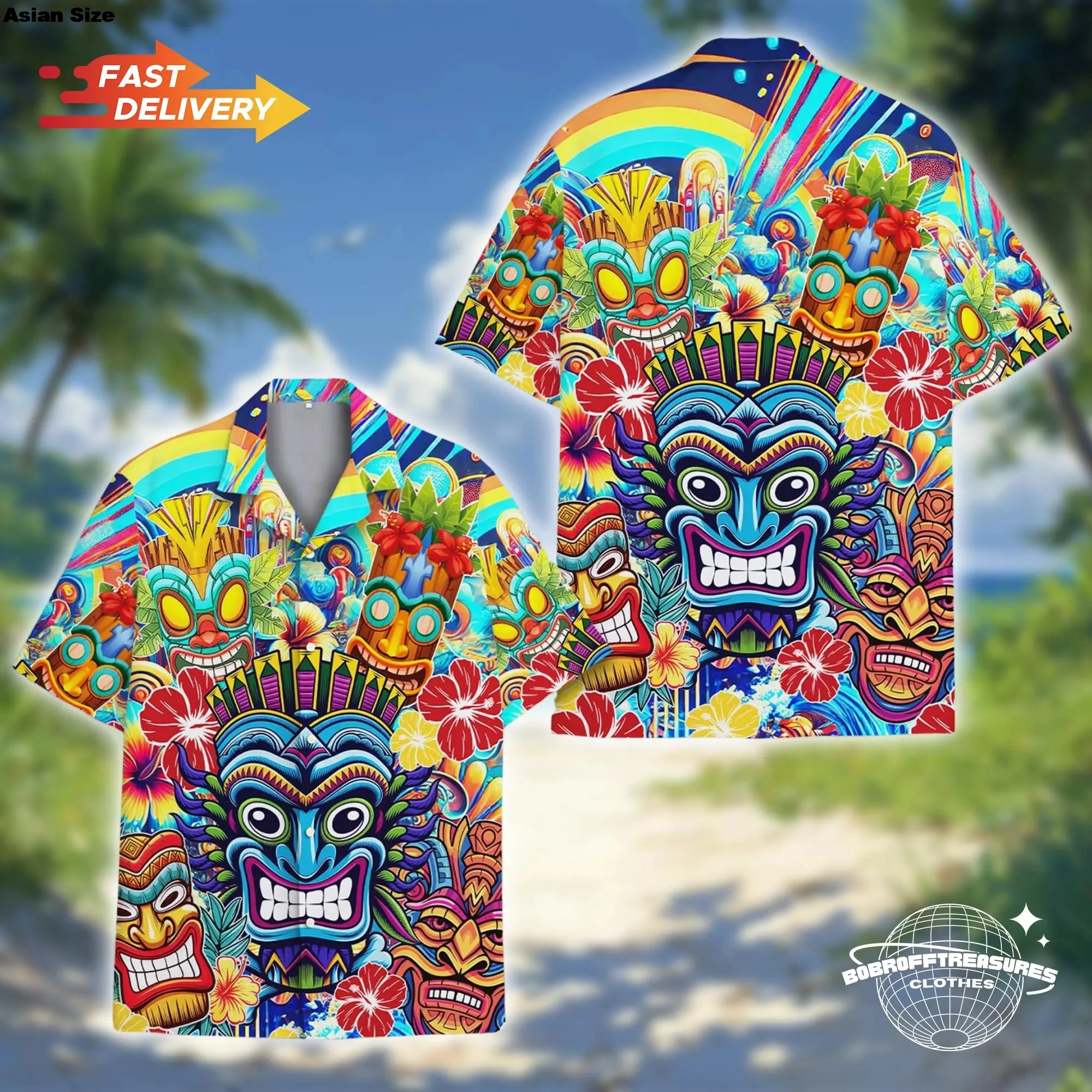

Tropical Tiki Hawaiian Shirt, Tiki Mask Summer Aloha Shirt, Barchelory Party Outfit, Men's Tropical Tiki Shirt, Tiki Gifts Tops