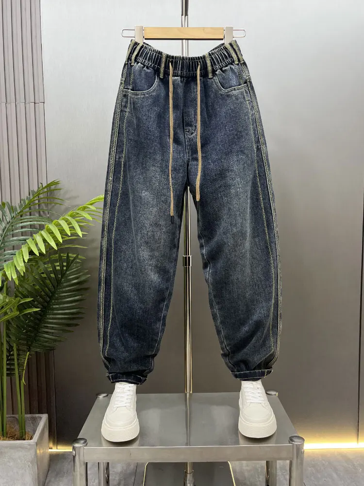

Retro Waed Blue Denim Jeans Men Loose Straight Leg Large Size Harem Pants Cool Wide Leg Casual Long Trousers Trendy