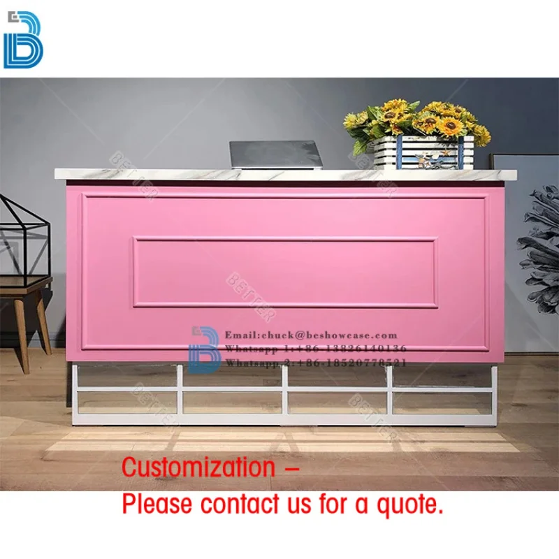 custom.Customized Pink Wooden Shop Cashier Counter Front Counter Office Reception Desk