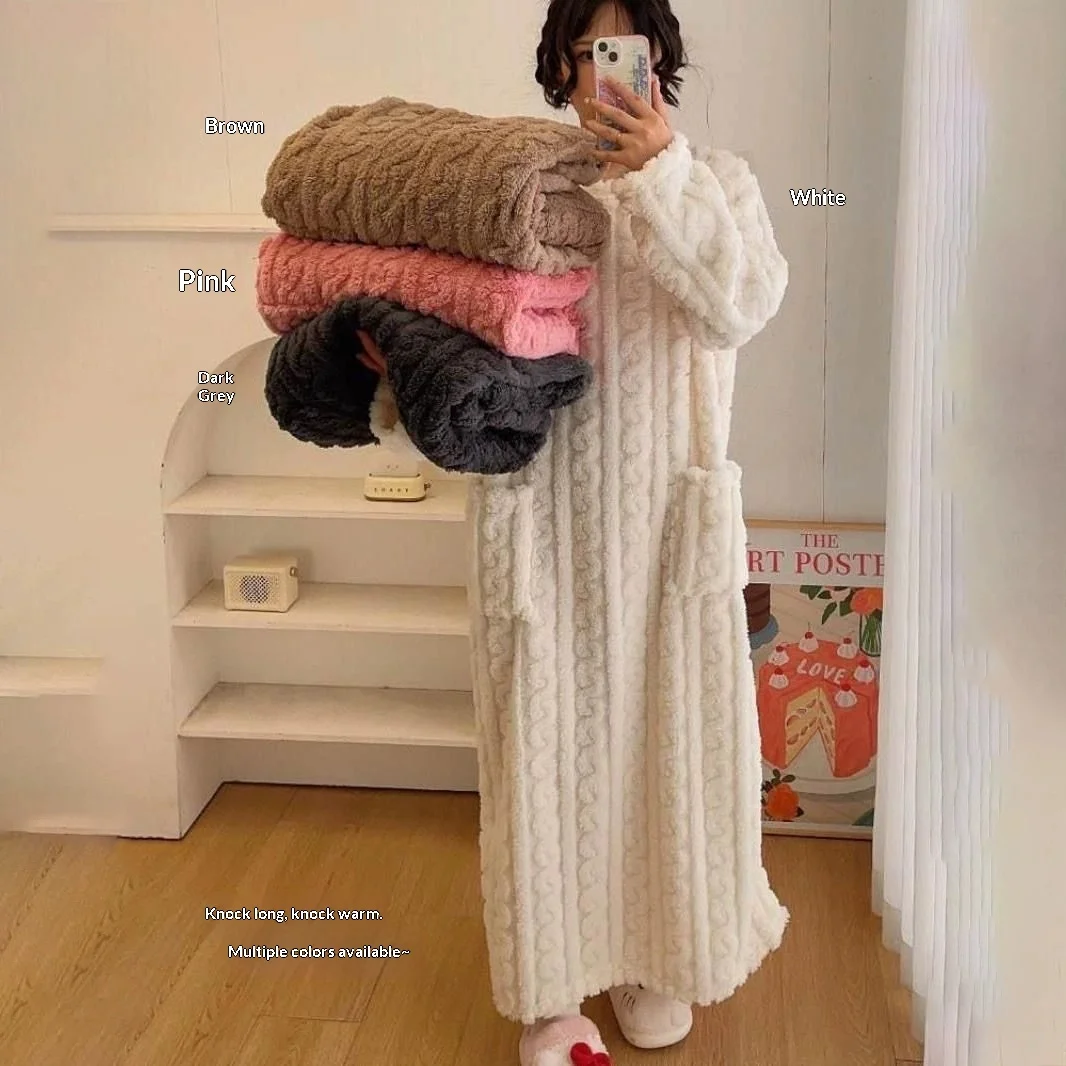 Women's Long Sleeve Flannel Nightgown with Double Pocket Thermal Warm Sleepwear Loose Fit Long Dress for Winter Home Wear