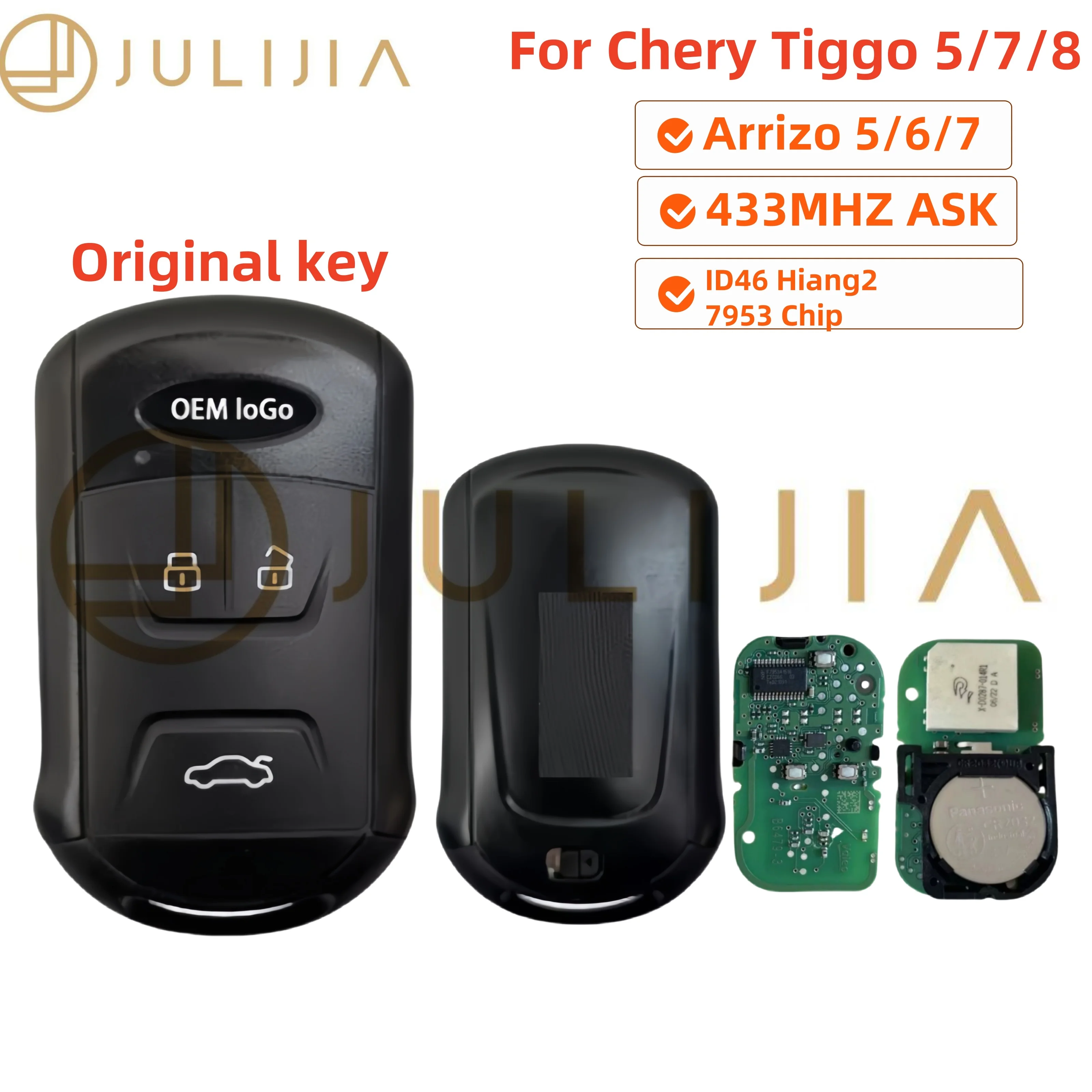 JULIJIA Original Keyless Chave De Carro Inteligente 433MHz ID46 Chip Para Chery Tiggo 5 Tiggo 7 Tiggo 8 Arrizo Chave Remota