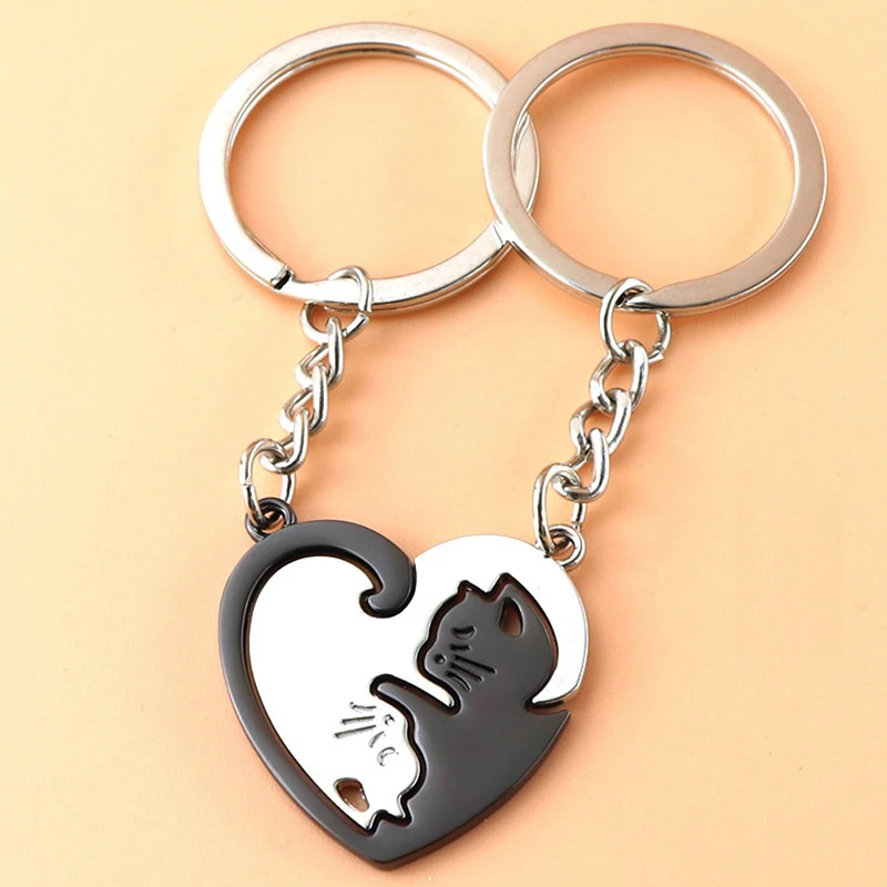 1Pair Cute Black Cat Keychain Patchwork Heart Round Couple Lovers Keyring Stainless Steel Backpack Car Key Ring Hanging Jewelry