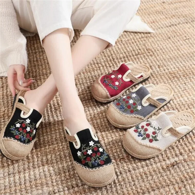 Women Casual Linen Embroidery Flat Slippers Retro Summer Ladies Canvas Comfortable Espadrille Shoes 2024