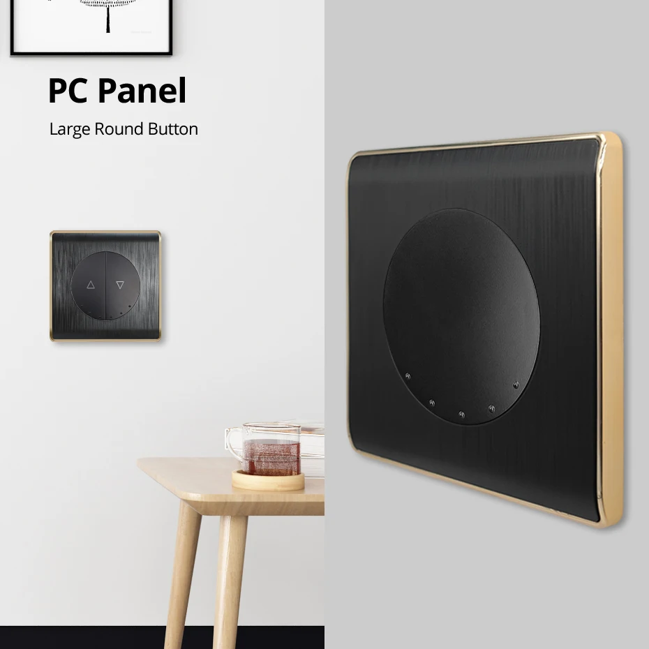 Wallpad 1 2 Gang Reset Intermediate Wall Light Switch Black PC Panel With Gold Edge TV SAT Shaver Socket HDMI USB3.0