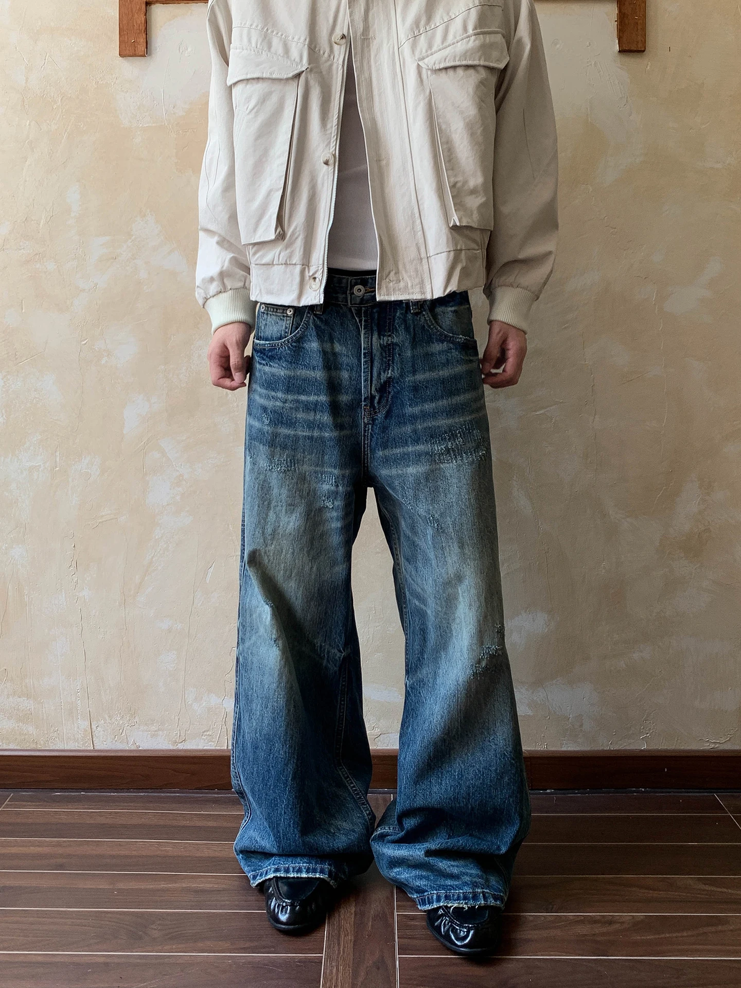 Calça Jeans Oalin American High Street com Lavagem Gradiente, Corte Reto, Casual, Ajuste Solto para Homens e Mulheres, Calça ...
