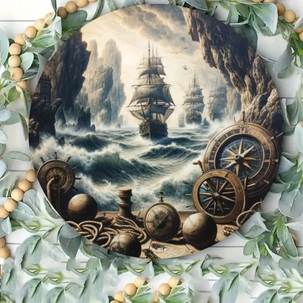 2D Flat High Definition Metal Wall Art Vintage Nautical Marine Theme Tall Sailing Ships in Stormy Seas and Rocky Cliffs with Ant