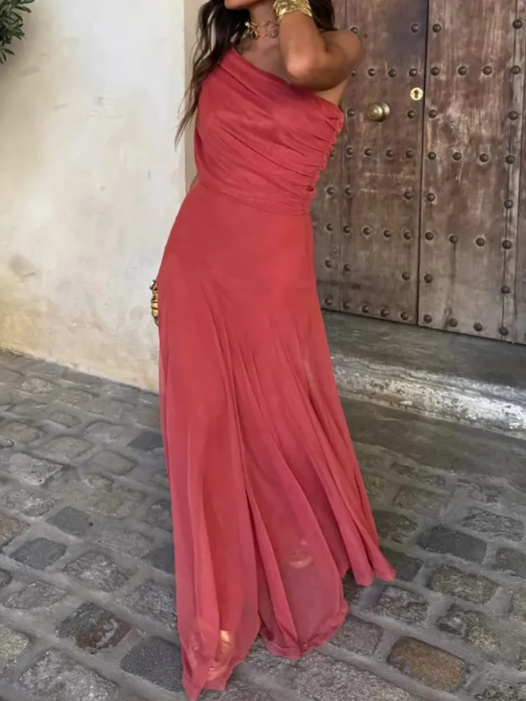Women Diagonal Collar Summer Solid Long Dress Female Sleeveless Backless Pleated Party Dress 2023 Casual Streetwear Maxi Dresses