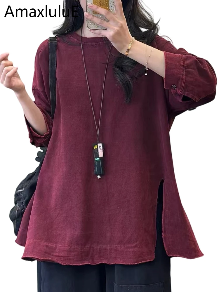 

Amax LuluE корейские осенние женские винтажные футболки с круглым вырезом, женские классические свободные элегантные топы, модная роскошная хлопковая одежда