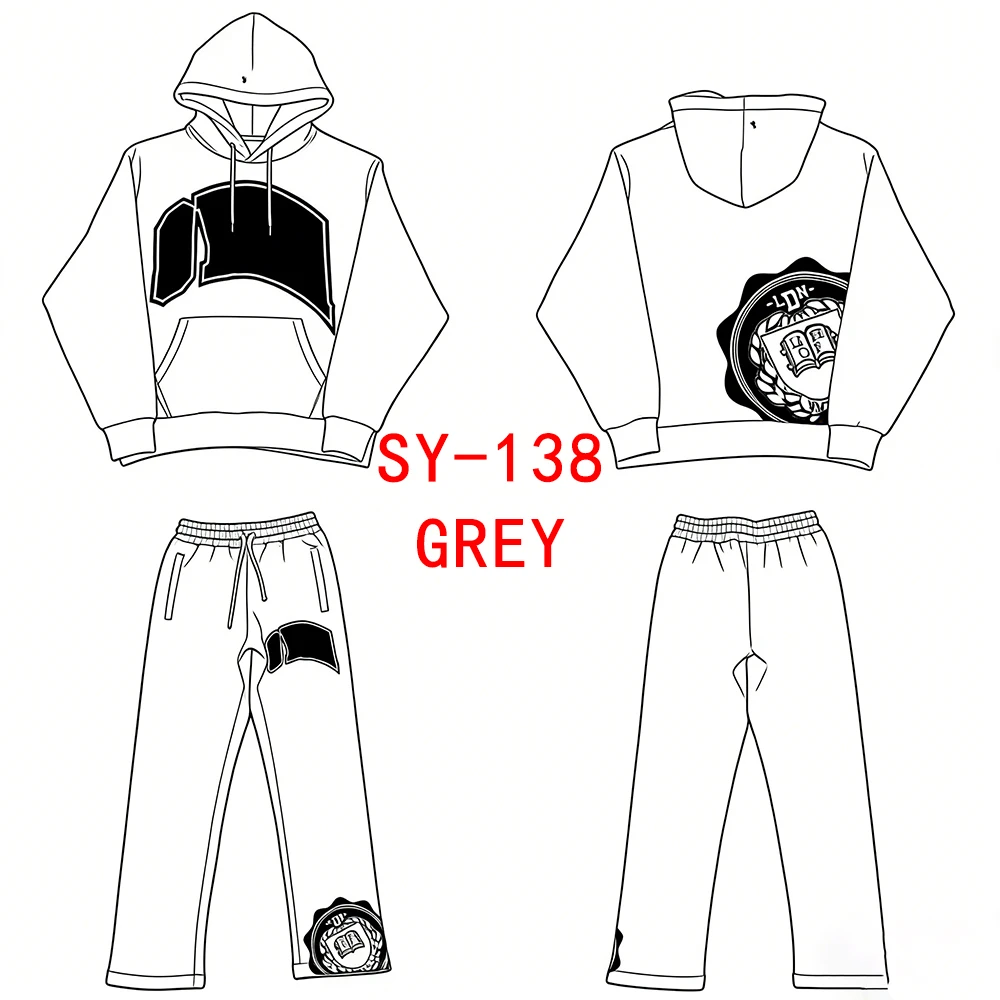 SY-138 Jogging Streetwear Hoodies Trousers Set Tracksuit Men Clothing Grey Fabric Black Printed Casual Suit sweatshirts
