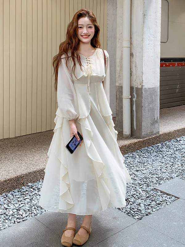 

Ele, белый комплект Dr на бретельках для женщин, осень 2021, длинное утягивающее платье во французском стиле, костюм из двух предметов, Faionable Sensation