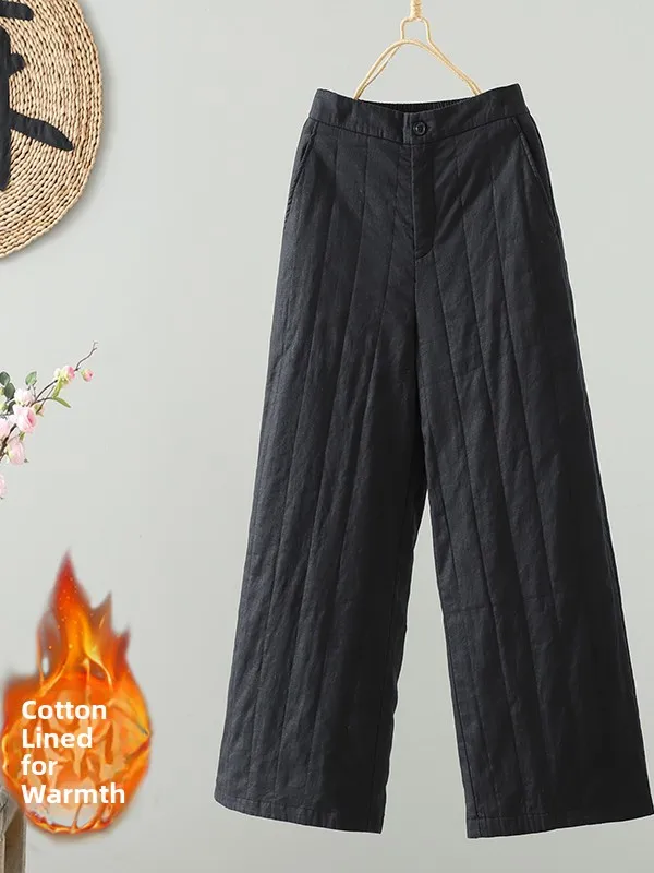 Thiened Cotton Linen Wide Leg Pants Women's Loose Casual Trousers High Waist Long Pants Winter Warm Faion Ladies' Clothing