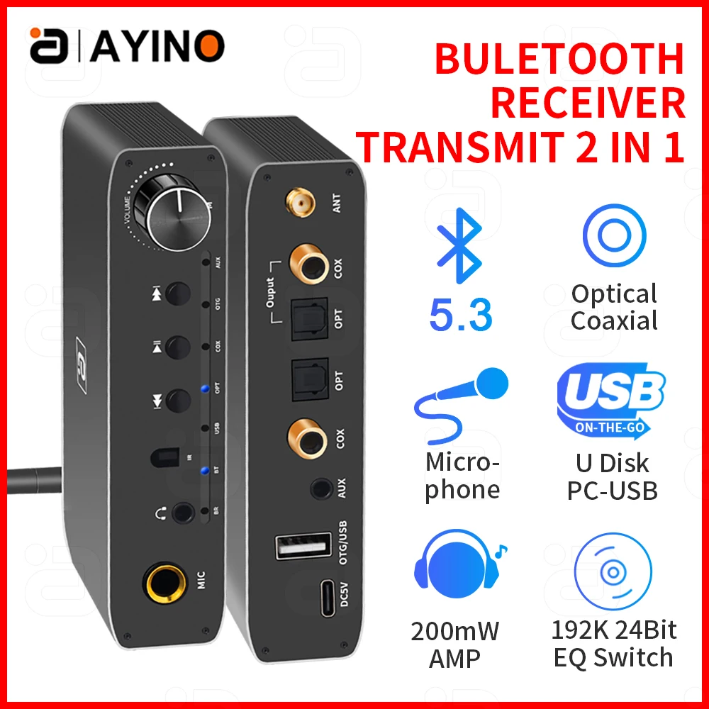 

AYINO 192K DAC Bluetooth 5.3 Receiver Transmitter Coaxial Optical Bypass Digital to Analog Audio Converter PC-USB Headphone Amp