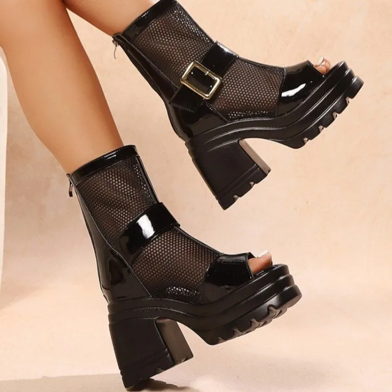 

Woman Sandals Women Fashion Black Sandalias Breathable Mesh 10cm Heel Shoes Platform Buckle Sandale Womens Sandal Zip Plus Size