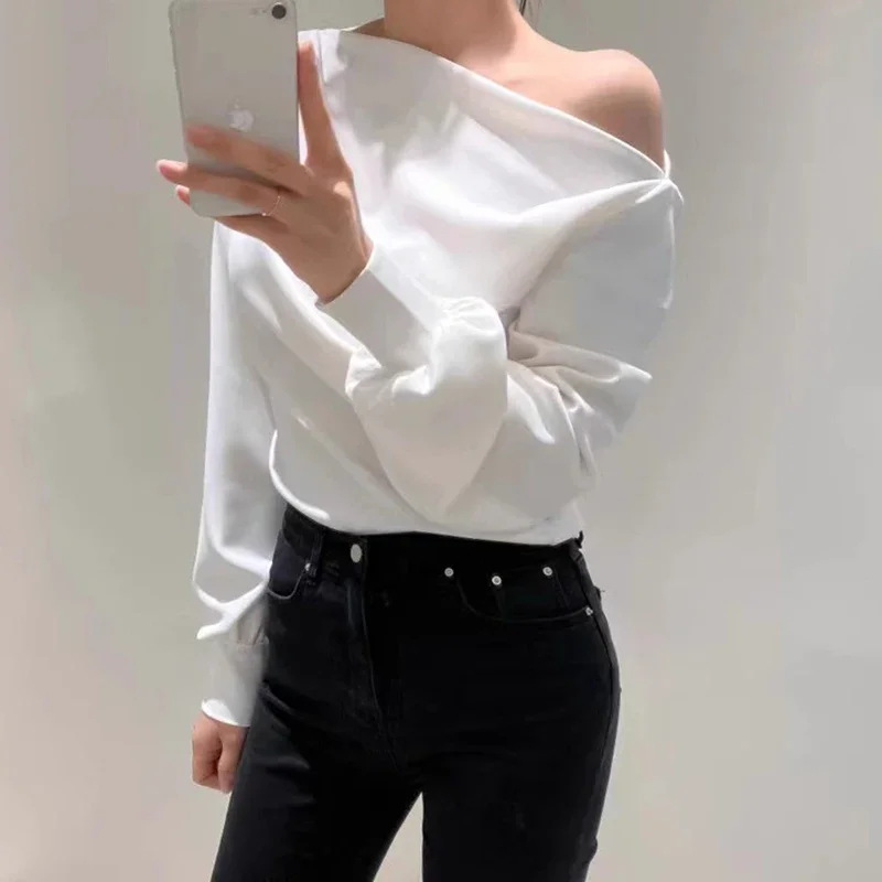 Neploe Korean Chic Autumn Niche Style Slash Neck Top Sloping Shoulder Design Exposed Collarbone Loose Versatile Slim T-Shirt