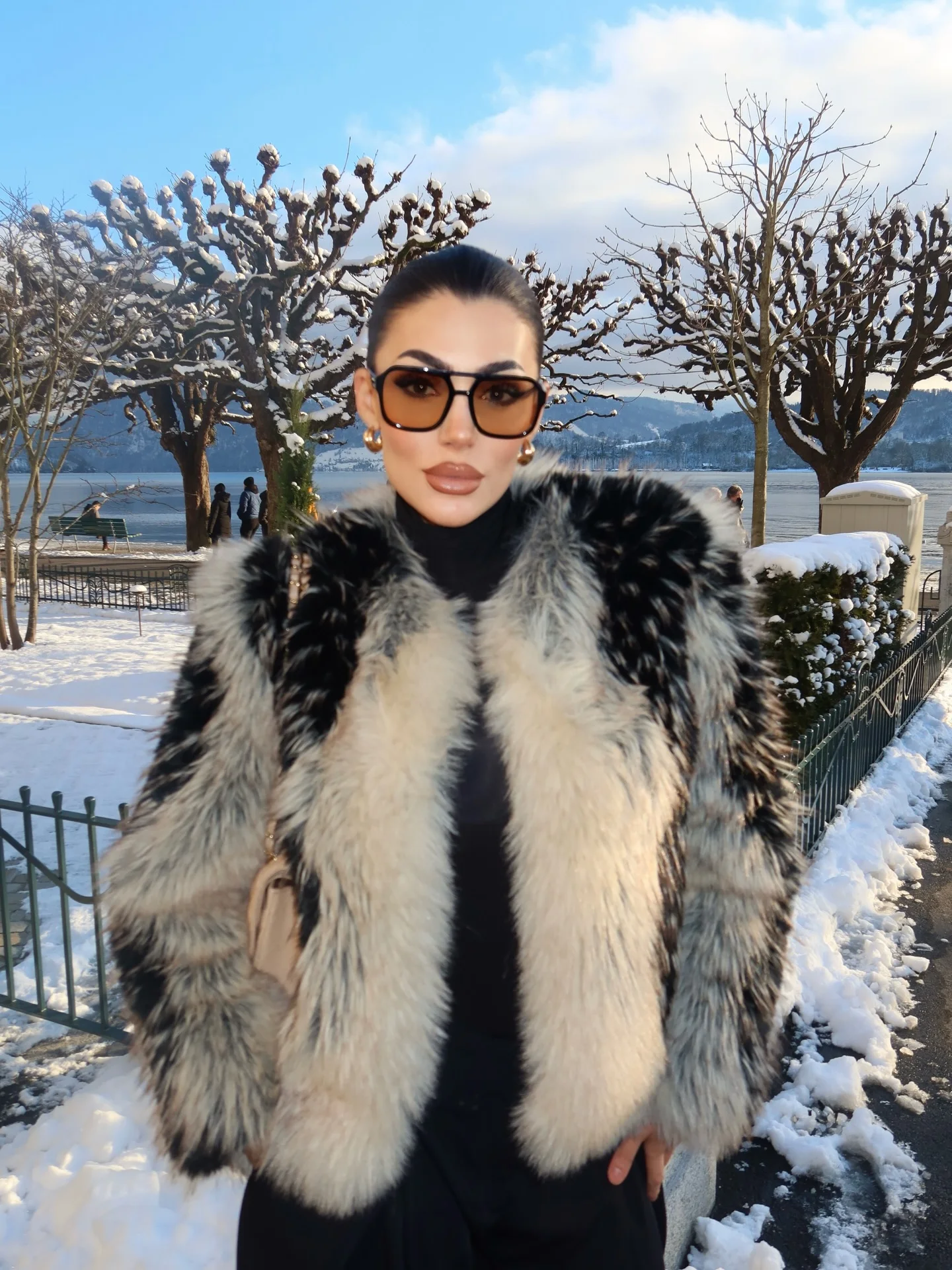 HH Women Winter Fashion Faux Fur Effect Crew Neck Long Sleeve Jacket Female Street Trendy Hidden Buckle Color Block Casual Coat
