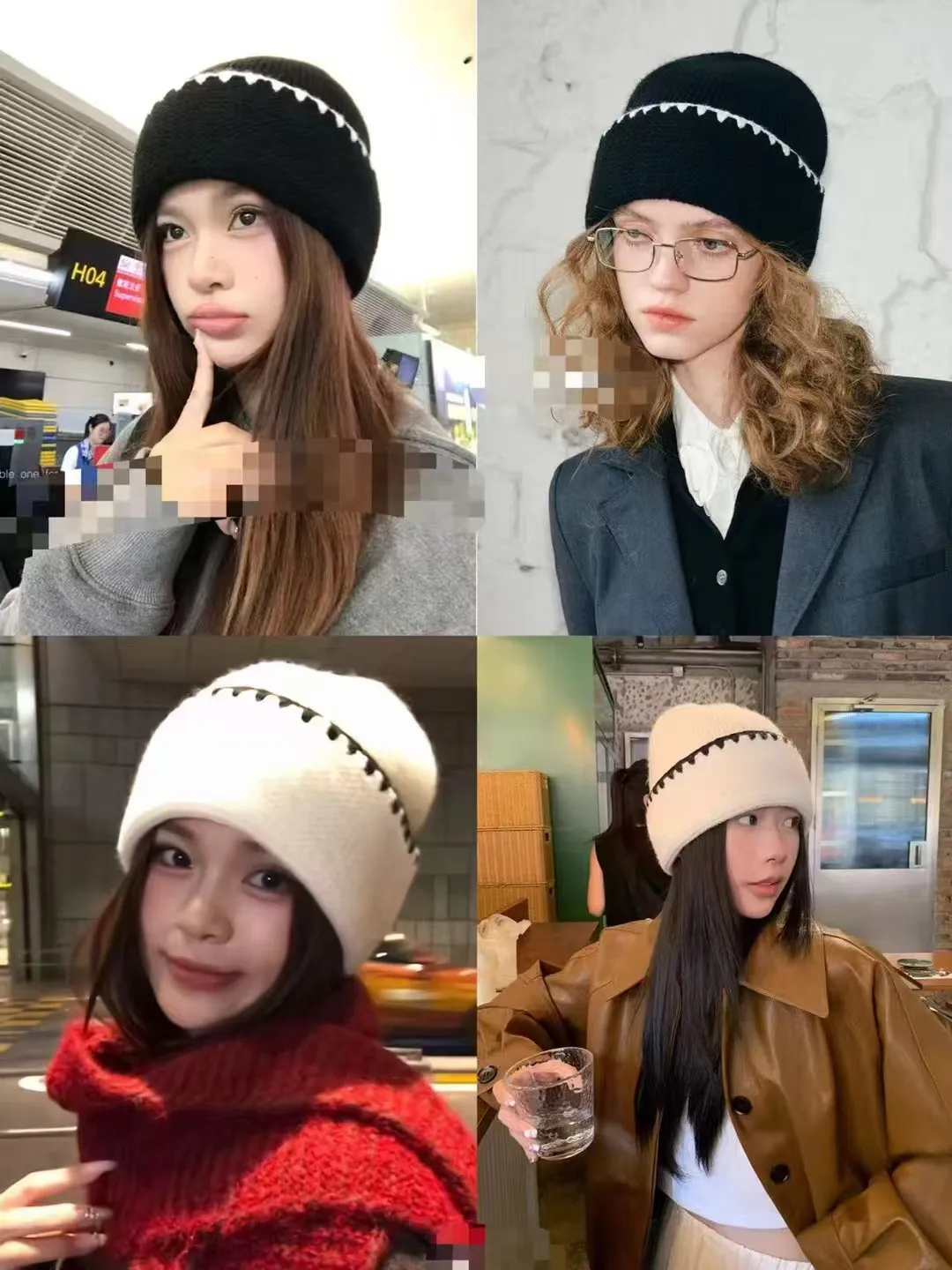 Minimal farbblockierende gestreifte Strickmützen für Damen, vielseitig einsetzbar im Herbst und Winter, modische und trendige warme Mützen – Detail 2