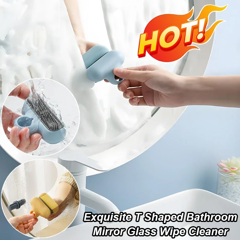 2-in-1 T Shaped Bathroom Mirror Cleaner With Silicone Blade shower glass wiper squeegee Descaling remover Handle Cleaning tool