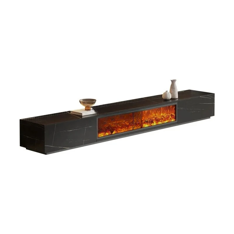 Mueble de TV con chimenea de losa de roca de madera maciza, mueble de TV sencillo de madera maciza blanco y negro con llama simulada