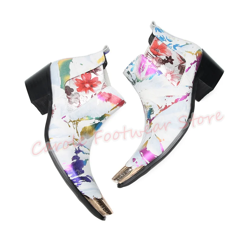 Male Mixed Color Prints High Top Chelsea Boots Fashion Metal Pointed Toe Chunky Heel Ankle Boots Men's Large Size Leather Shoes