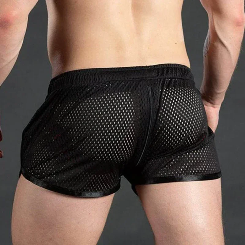 Men Shorts Beach Drawstring Bottom Fashion Fitness Mesh Pants Gym Plus Size Sports Breathable Casual Elastic