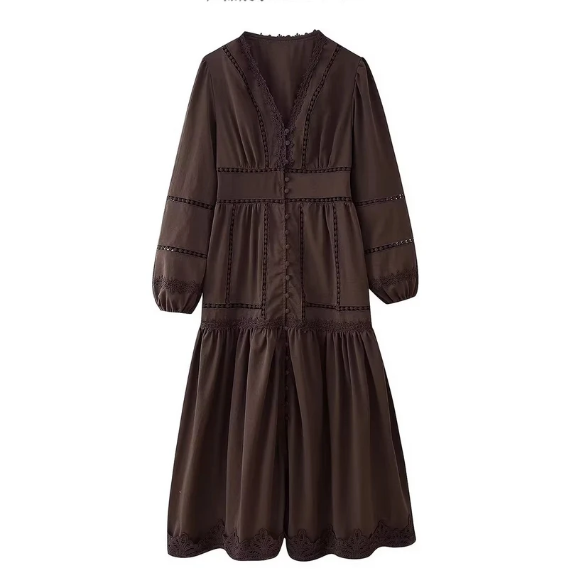 

Новая женская одежда в европейском и американском стиле, модная простая двухцветная длинная юбка с полыми кружевными пуговицами