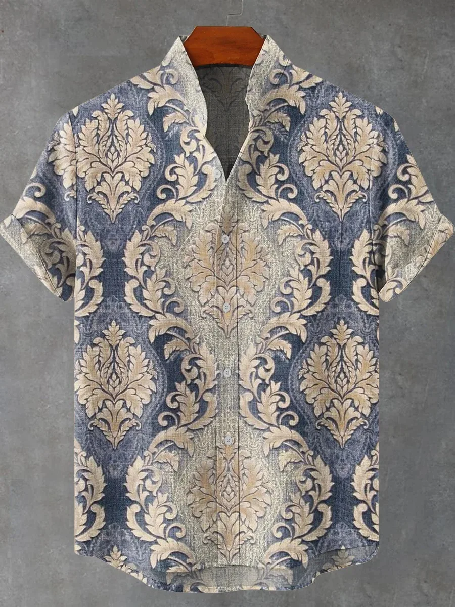 ハワイ3Dプリントデザインメンズおしゃれカジュアルバケーションリネンシャツメンズボタン快適半袖スタンドカラー