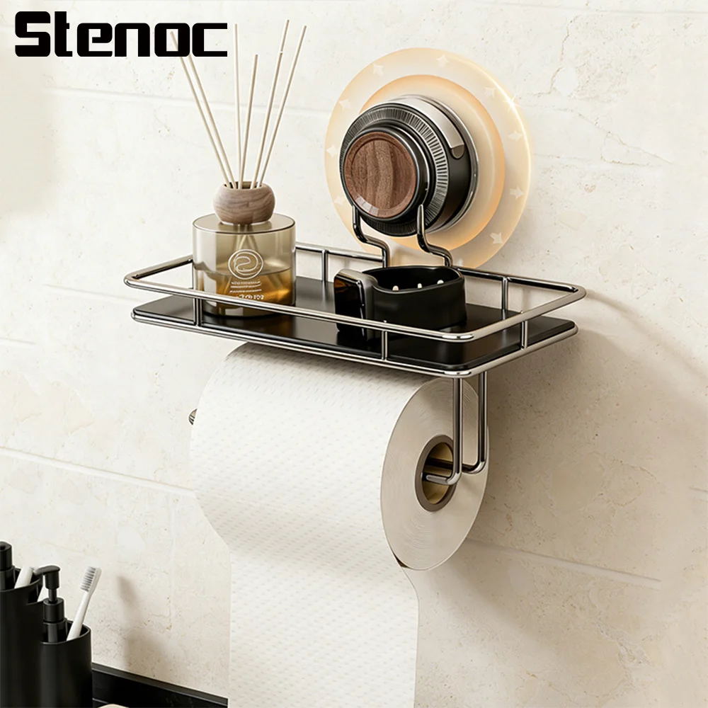 

‌No-Drill‌ Suction Cup Wall Mounted Toilet Paper Holder Antique Wood Grain Bathroom Mobile Phone Storage Rack Paper Roll Holder