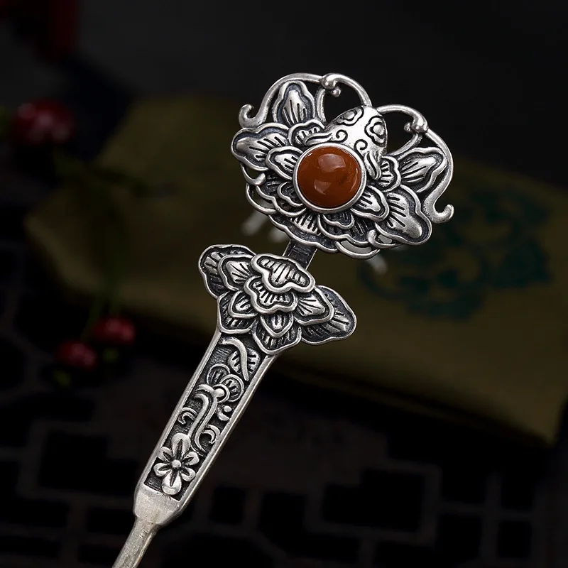 Original retro design charm peony hair Jewelry S925 silver enamel tiara Chinese style south red tourmaline hanfu accessories