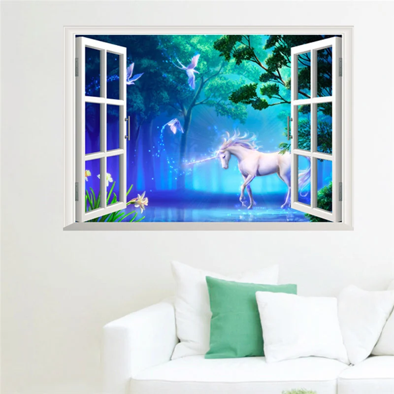 Fantastic Unicorn 3D Window Wall Sticker For Kids Room Bedroom Home Decoration Animal Forest Scenery Mural Art Diy PVC Decal