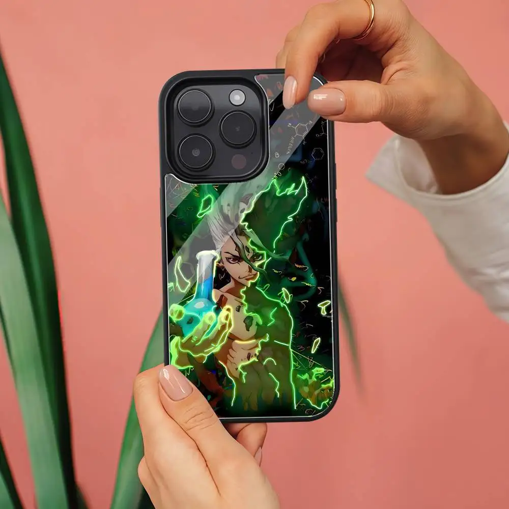Anime dr s-stone caso de telefone preto plástico duro caso de telefone para iphone 17 ar 16 15 14 13 12 11 pro max pc tpu ins caso